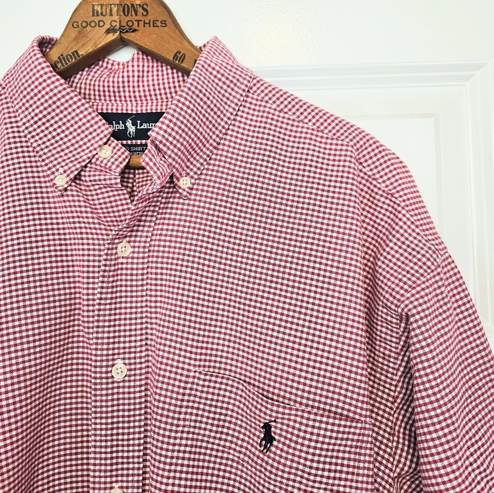 Ralph Lauren 90s VTG 'Big Shirt' 100% Cotton Red Gingham Plaid Button-Up Men's L